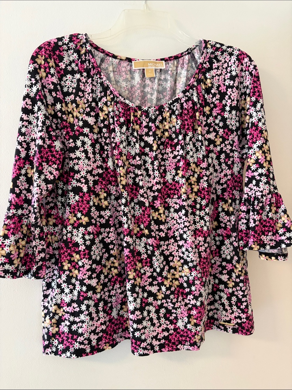 Michael Kors Black Floral Scoop-Neck Blouse with Pink & White Accents